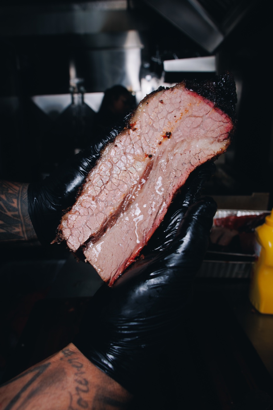 Close-up of sliced smoked beef brisket