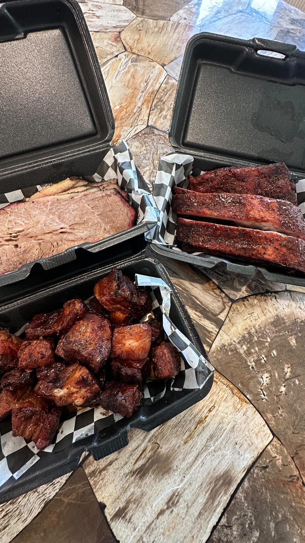 Smoked brisket, ribs, and burnt ends