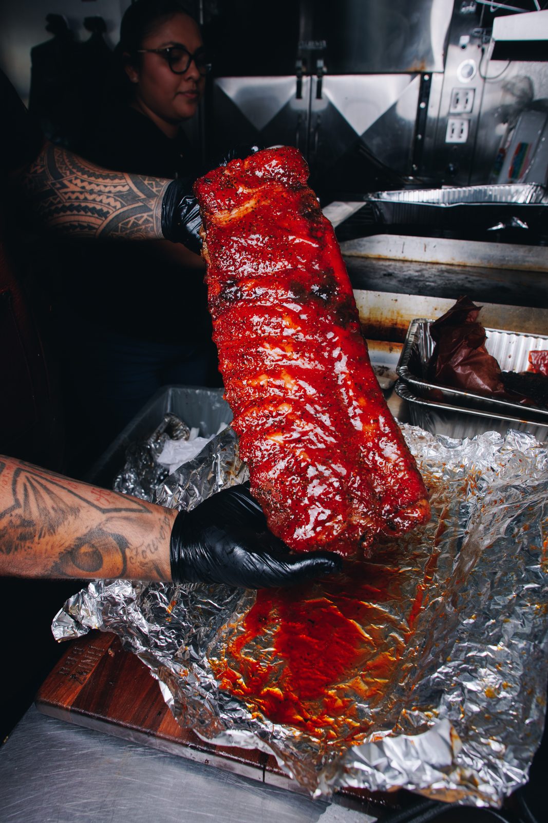 Rack of ribs held up